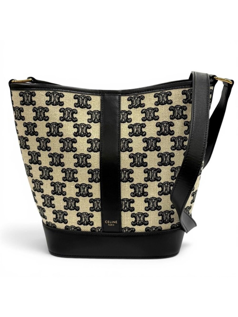 Celine Small Bucket Triomphe Canvas &calfskin Shoulder Bag Off White Black